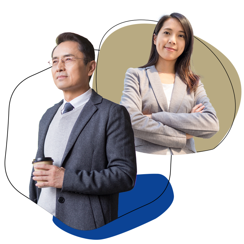 Two people in business attire outdoors.