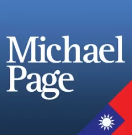 Michael Page logo on a blue background with a red corner and white sun design.