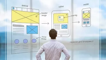 Person facing a large glass board with sketches for desktop, tablet, and mobile designs.