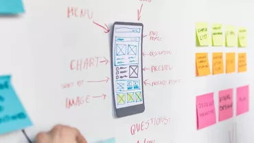 A whiteboard with a mobile interface sketch and sticky notes during a design meeting.