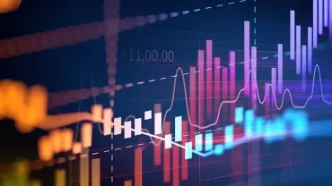 Colorful stock market chart showing various data trend lines