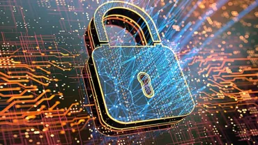 A digital padlock on a circuit board represents cybersecurity