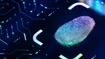 A large fingerprint on a digital screen with circuit patterns