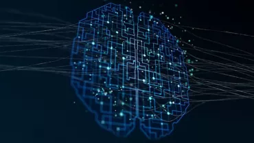 Digital illustration of a brain with blue circuits on a dark background.