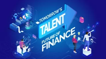 Illustration with text 'Tomorrow's Talent, Future of Finance' and digital elements