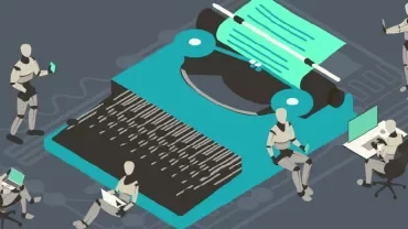 Robots working around a giant typewriter