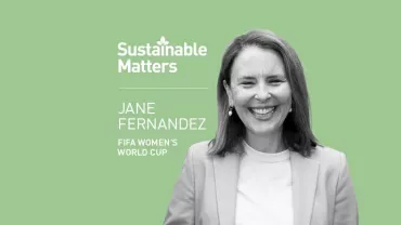Smiling person on a green background with 'Sustainable Matters' text.
