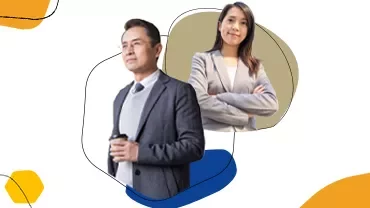 Two individuals confidently standing against a designed background, wearing formal attire.