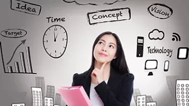A professional holding a pink folder, thinking surrounded by business icons like graphs and clocks.