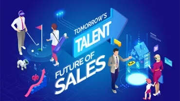 Illustration of future sales talent with golf and tech elements.