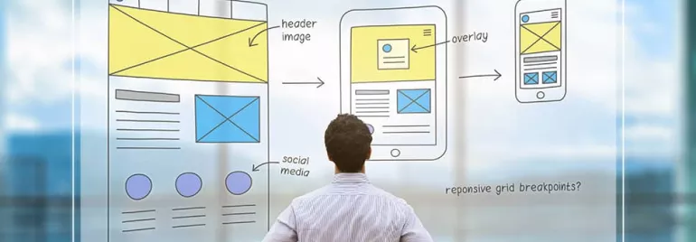 Person facing a large glass board with sketches for desktop, tablet, and mobile designs.