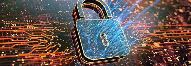 A digital padlock on a circuit board represents cybersecurity
