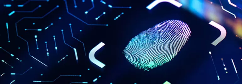 A large fingerprint on a digital screen with circuit patterns