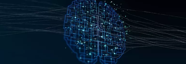 Digital illustration of a brain with blue circuits on a dark background.