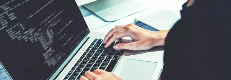 Person coding on a laptop at a desk.