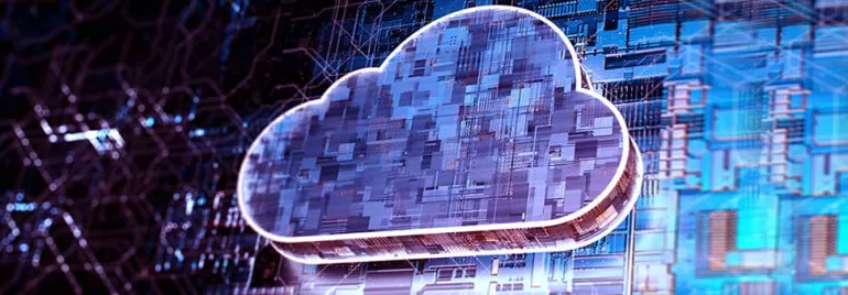 Digital cloud icon over a blue tech background