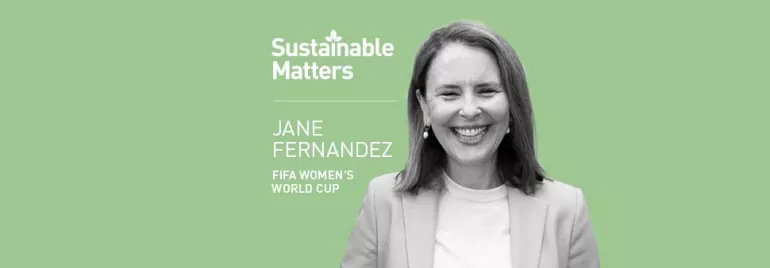 Smiling person on a green background with 'Sustainable Matters' text.