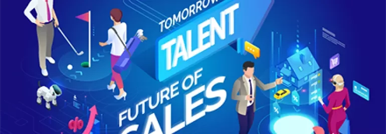 Illustration of future sales talent with golf and tech elements.