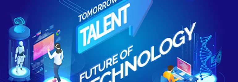 Futuristic technology illustration with text 'Tomorrow's Talent, Future of Technology' featuring robots and people working.