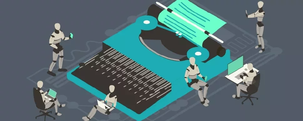 Robots working around a giant typewriter