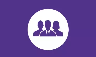 Icon of three person silhouettes on a purple background.