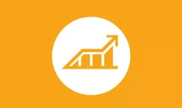 Icon of a growth chart with an upward arrow on an orange background.