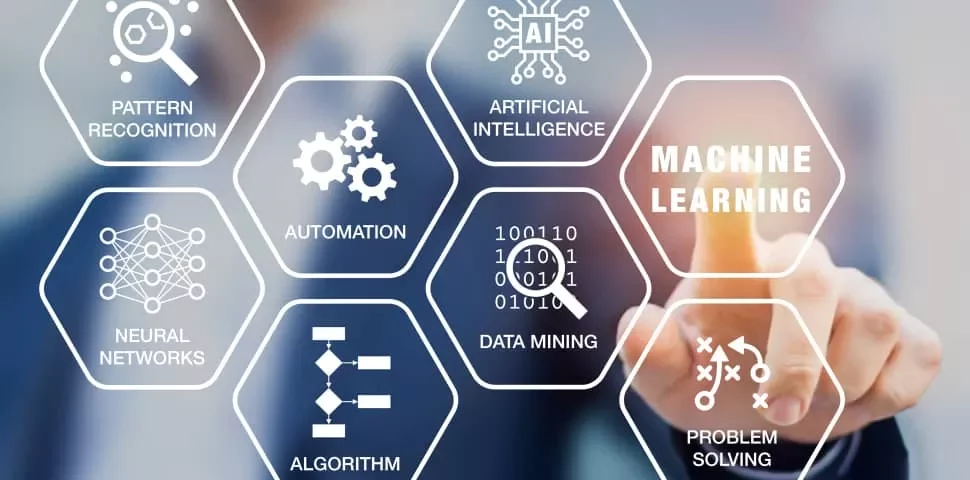Person interacting with hexagons labeled with technology concepts.