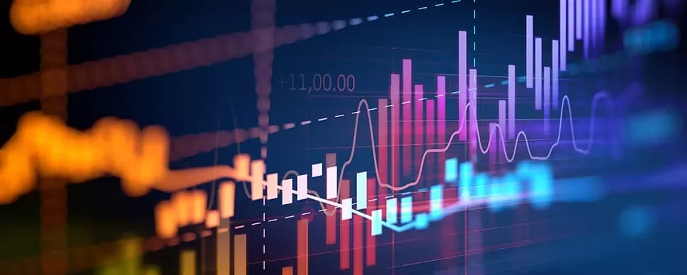 Colorful stock market chart showing various data trend lines
