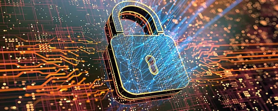 A digital padlock on a circuit board represents cybersecurity