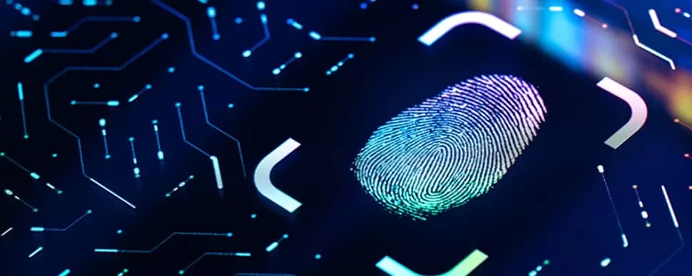 A large fingerprint on a digital screen with circuit patterns