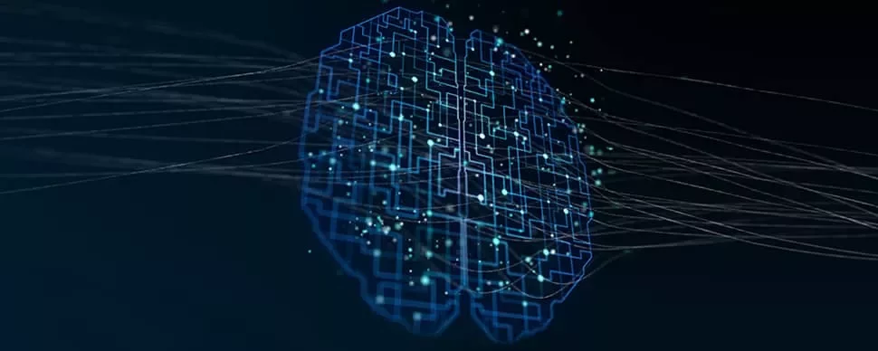 Digital illustration of a brain with blue circuits on a dark background.