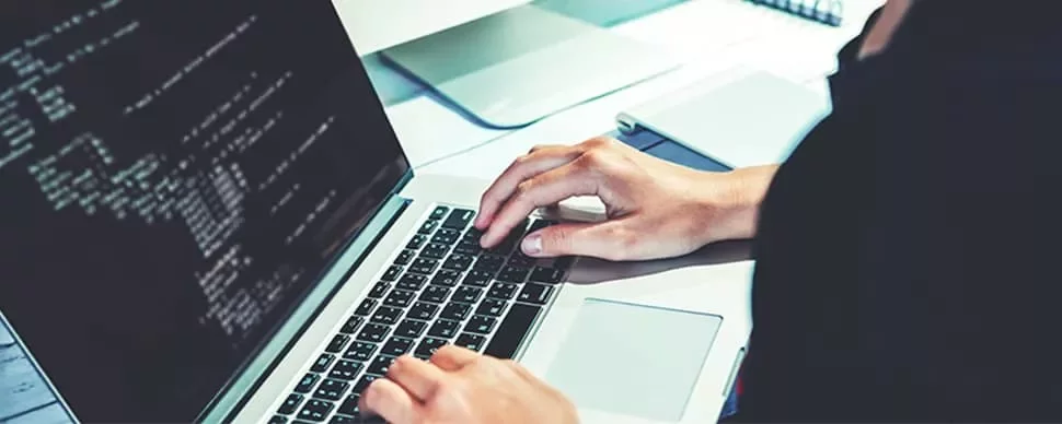Person coding on a laptop at a desk.