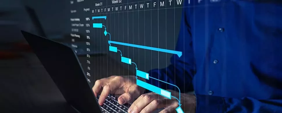 Person working on a laptop with a Gantt chart overlay.