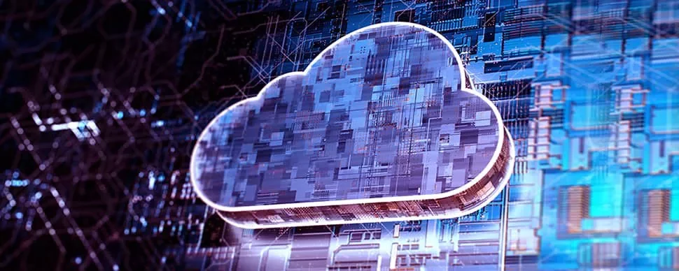 Digital cloud icon over a blue tech background