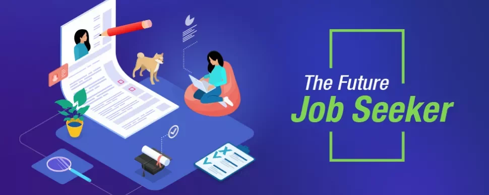 Illustration of a job seeker and resume with digital elements